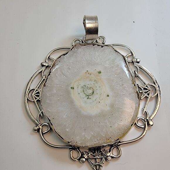 Necklace Pendant Solar Quartz Slice in Handmade Sterling Silver Filigree Setting - Picture 2 of 10